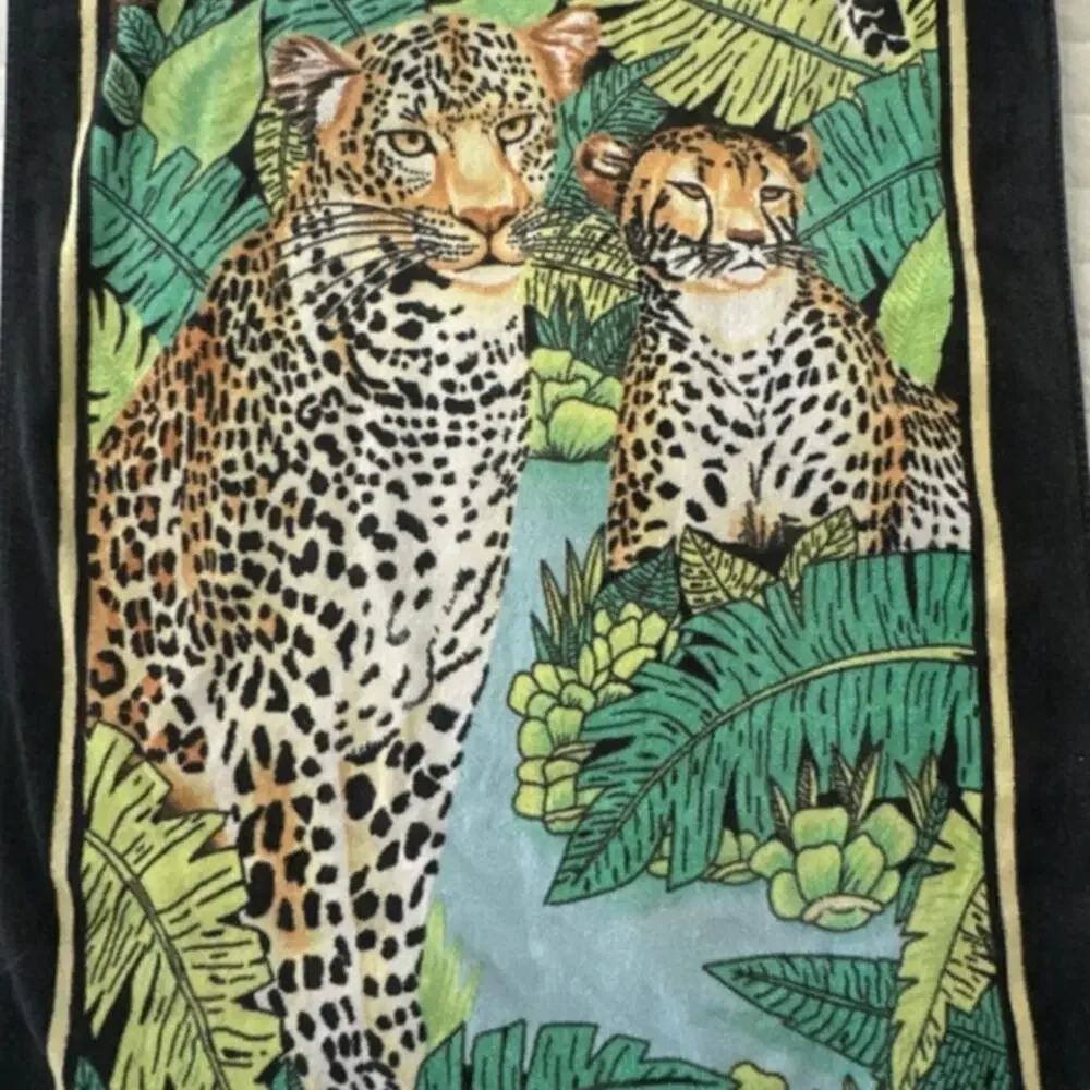 Vintage Hiltex Beach Towel Jungle Leopards Big Cats Tropical Retro Y2K Summer